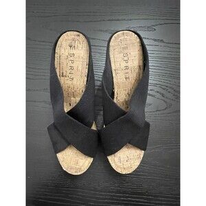 Espirit Women's Oceane Black Cork Wedge Heels‎ Open Toe Slip On Size 7.5